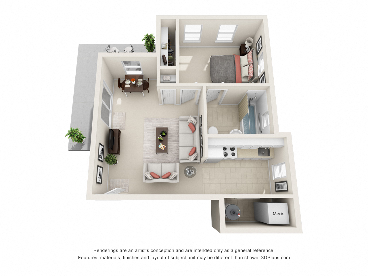 Floor plan for 1 bed, 1 bath
